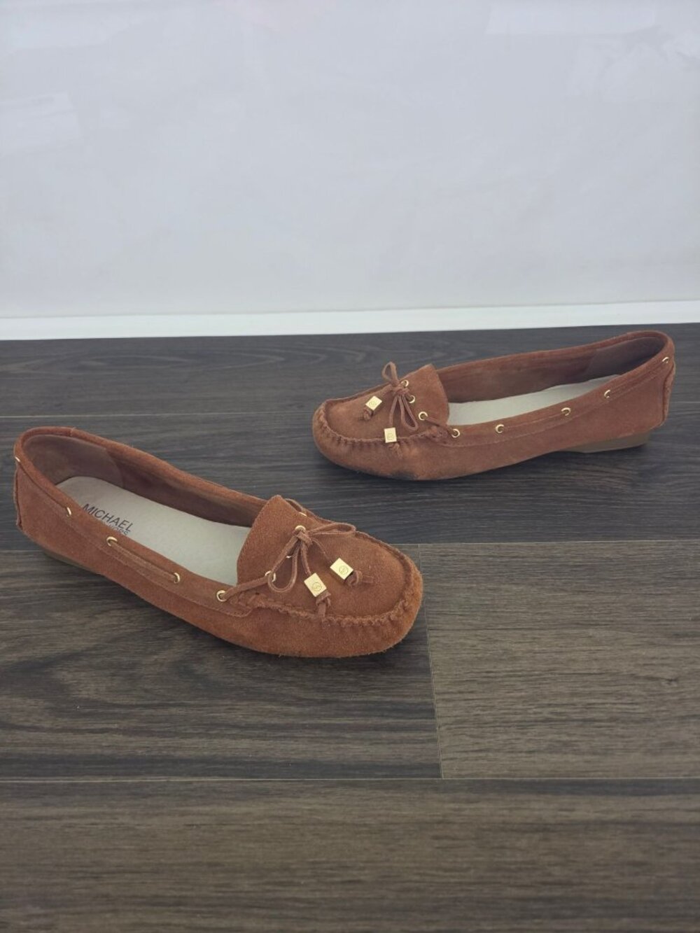 💙 Michael Kors Brown Suede Leather Moccasin Driving Loafers Size 9 Gold Hardwar